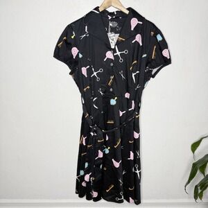 Hearts And Roses Hair Salon Swing Dress Scissors Blow Dryer Women's US 14 Retro